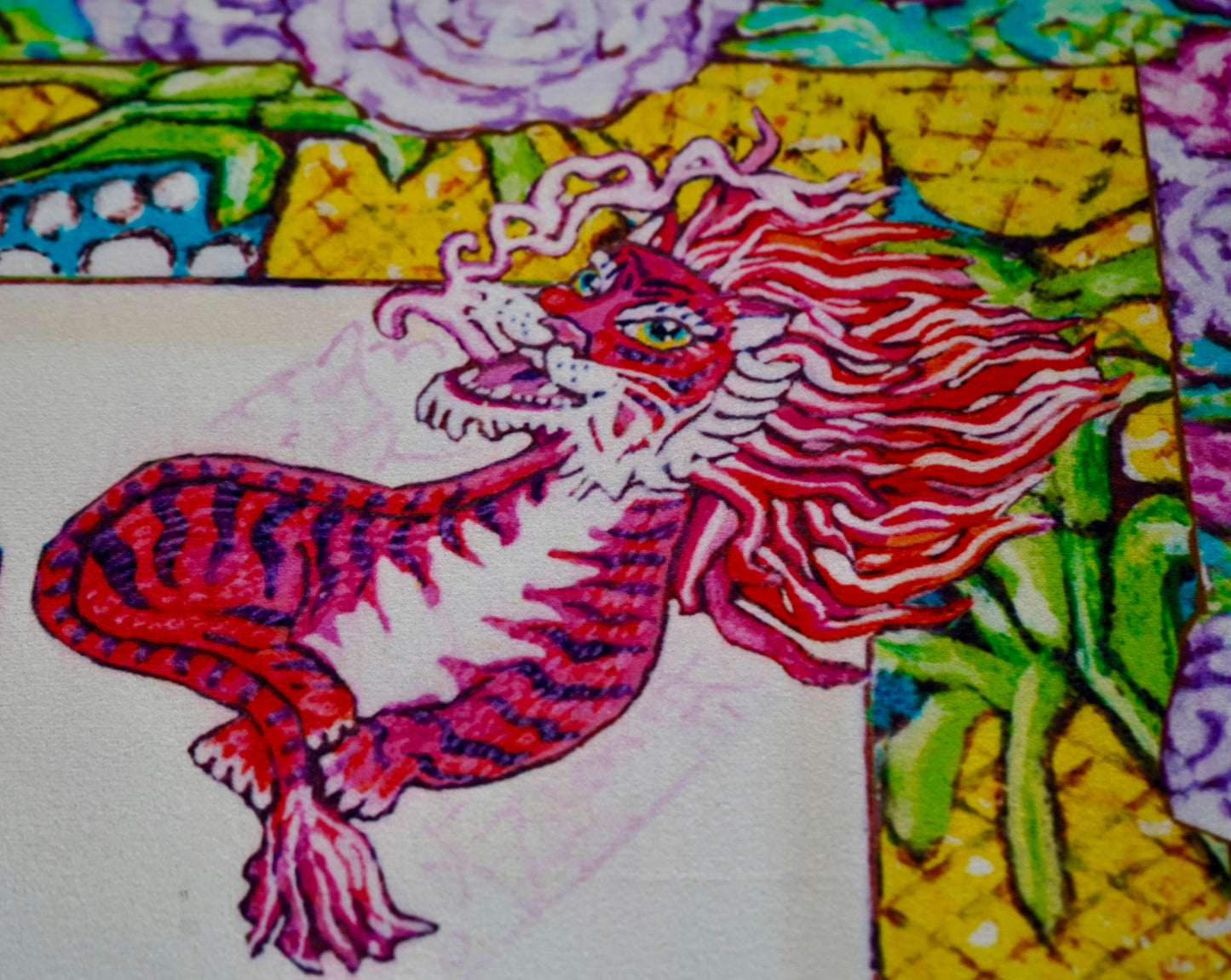 A beautiful and colorful mahjong mat featuring a red dragon with roses and pineapples.