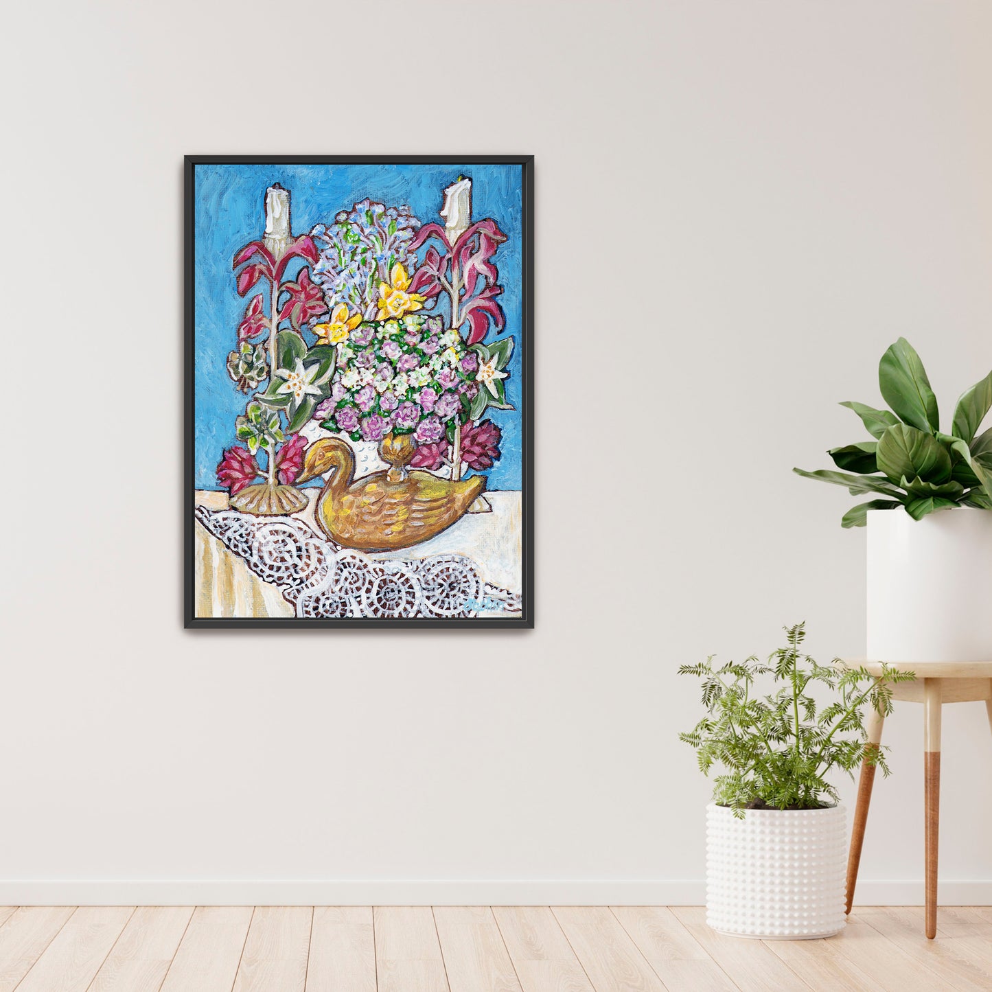 A painting from Trail East Studio of antique tole candleholders and an antique swan candleholder filled with flowers on a crocheted lace tablecloth