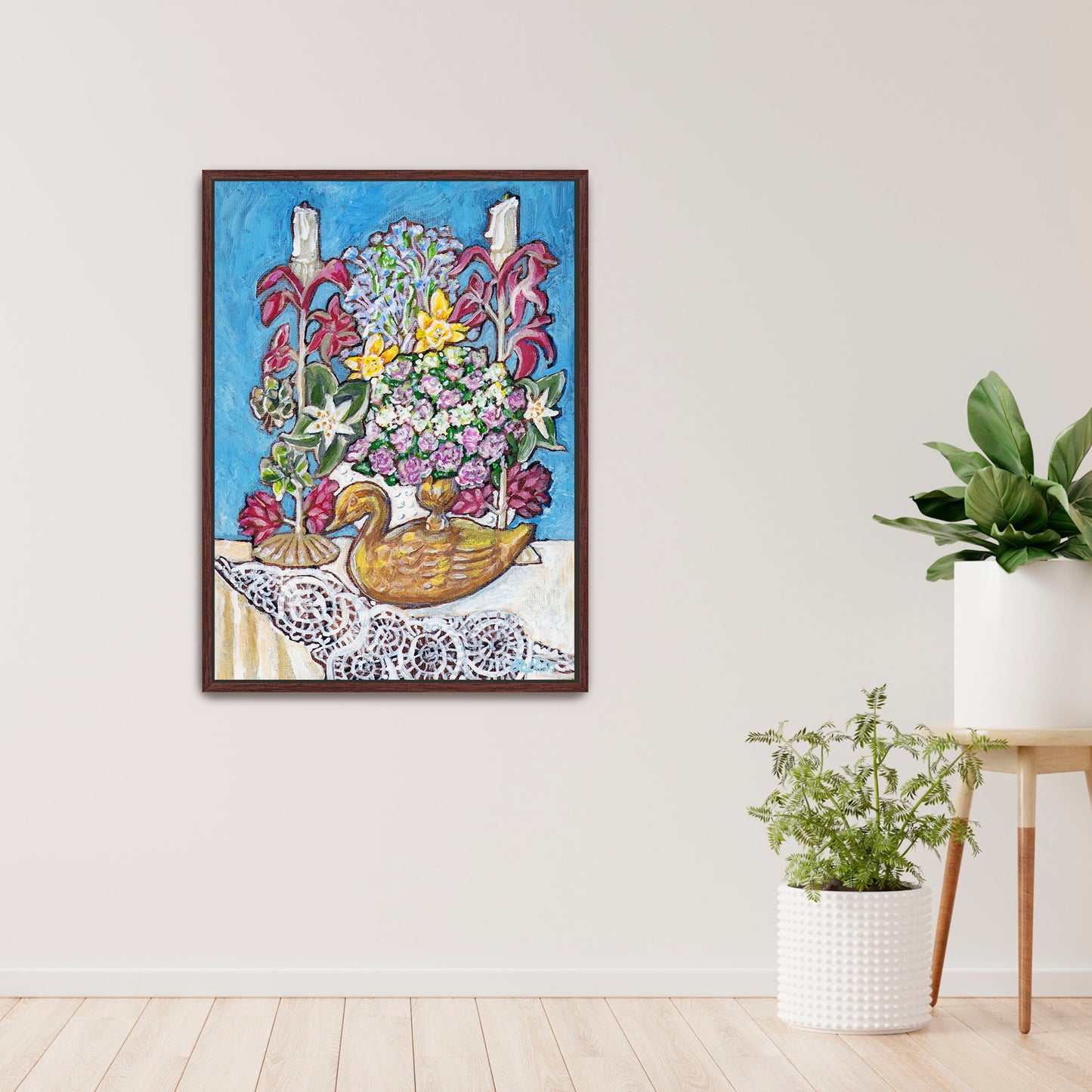 A painting from Trail East Studio of antique tole candleholders and an antique swan candleholder filled with flowers on a crocheted lace tablecloth