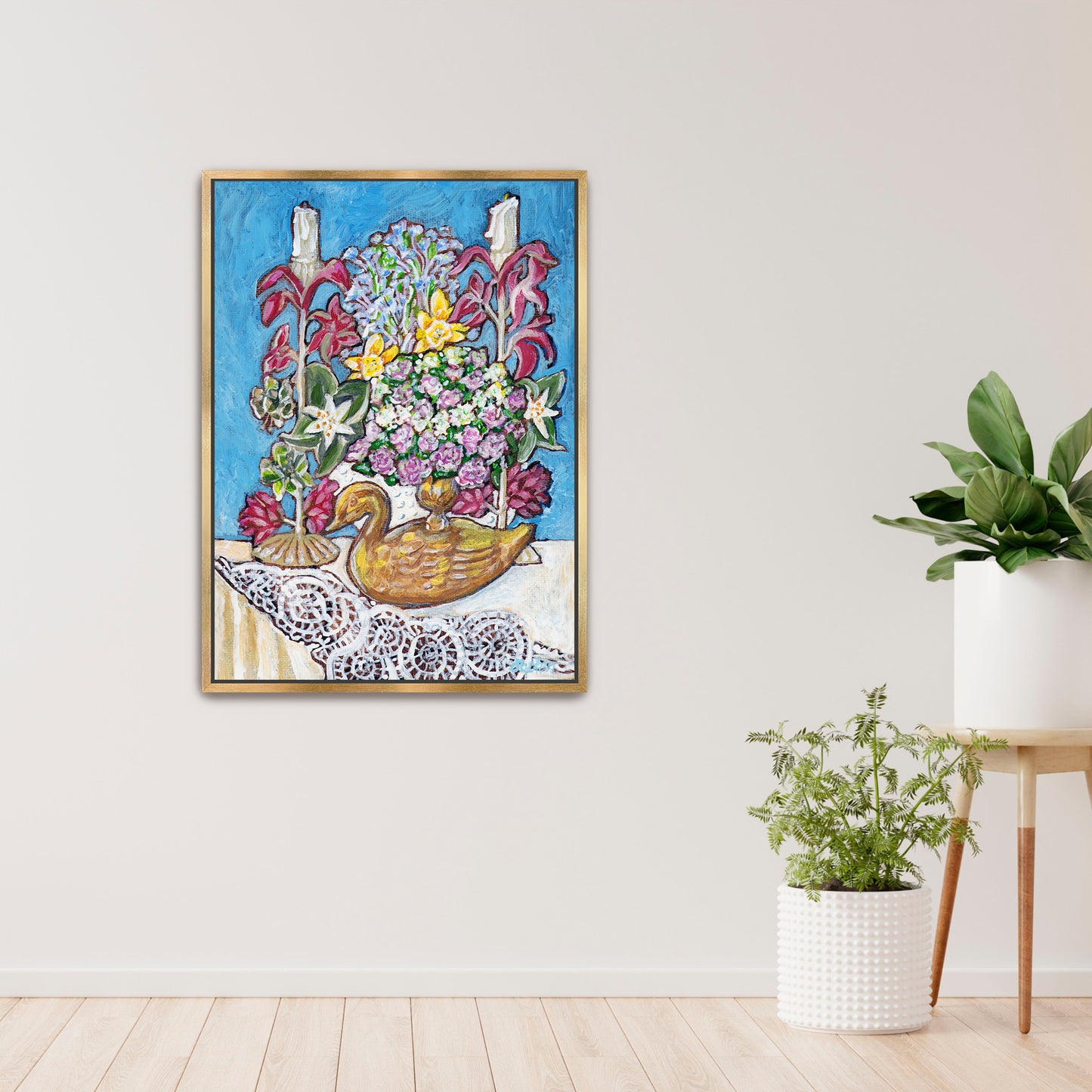 A painting from Trail East Studio of antique tole candleholders and an antique swan candleholder filled with flowers on a crocheted lace tablecloth