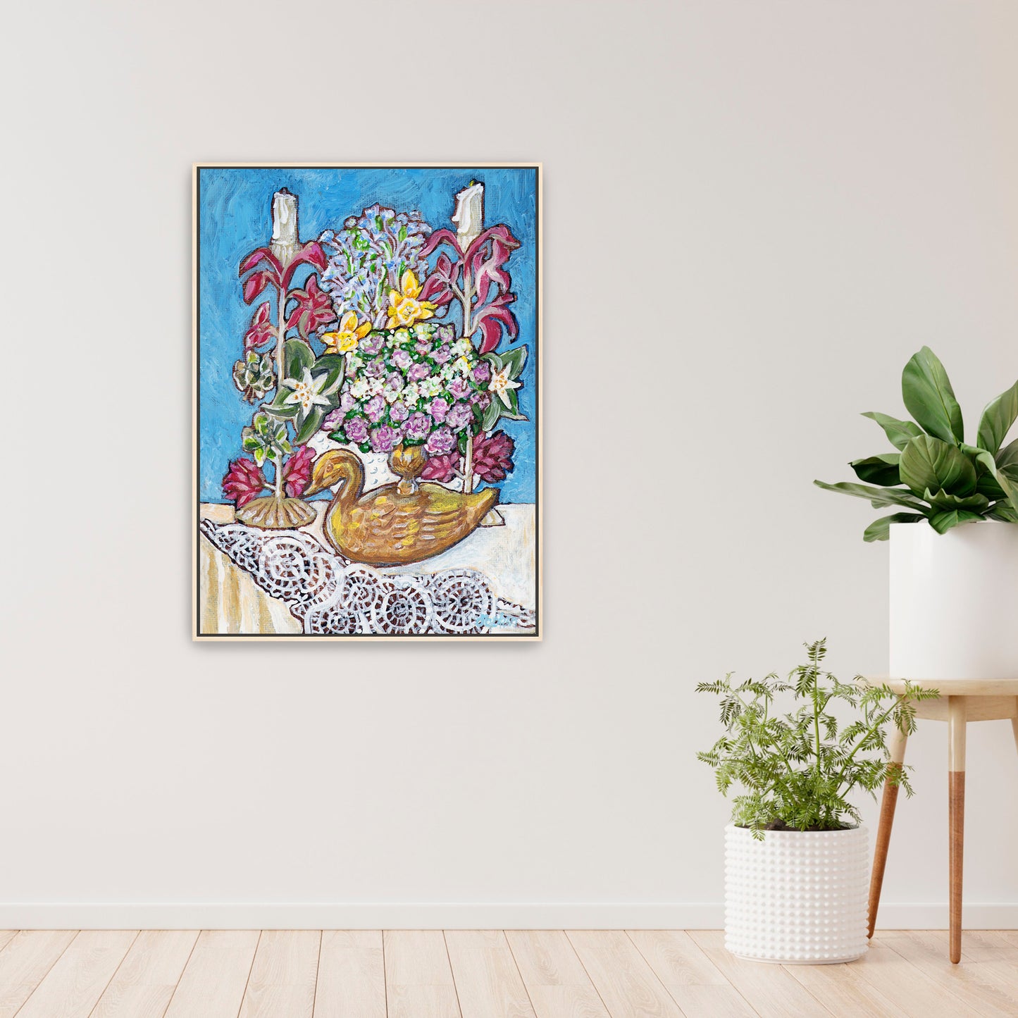 A painting from Trail East Studio of antique tole candleholders and an antique swan candleholder filled with flowers on a crocheted lace tablecloth