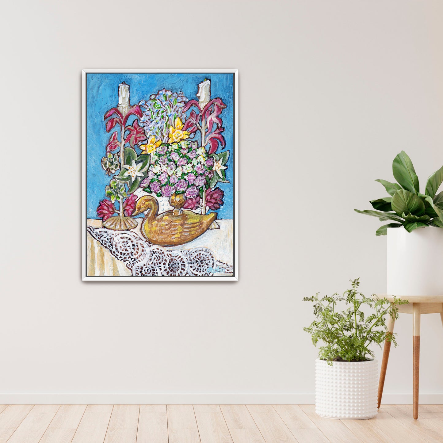 A painting from Trail East Studio of antique tole candleholders and an antique swan candleholder filled with flowers on a crocheted lace tablecloth