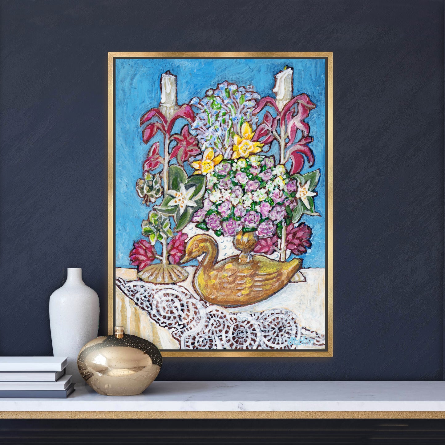 A painting from Trail East Studio of antique tole candleholders and an antique swan candleholder filled with flowers on a crocheted lace tablecloth