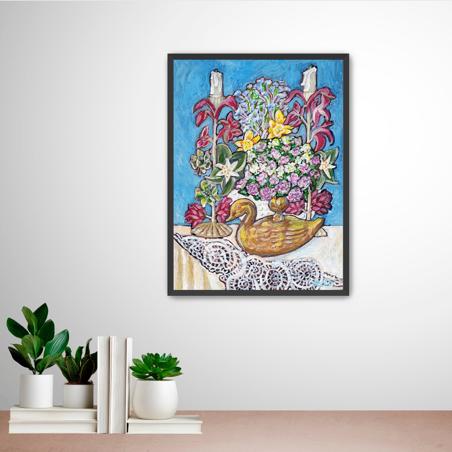 A painting from Trail East Studio of antique tole candleholders and an antique swan candleholder filled with flowers on a crocheted lace tablecloth
