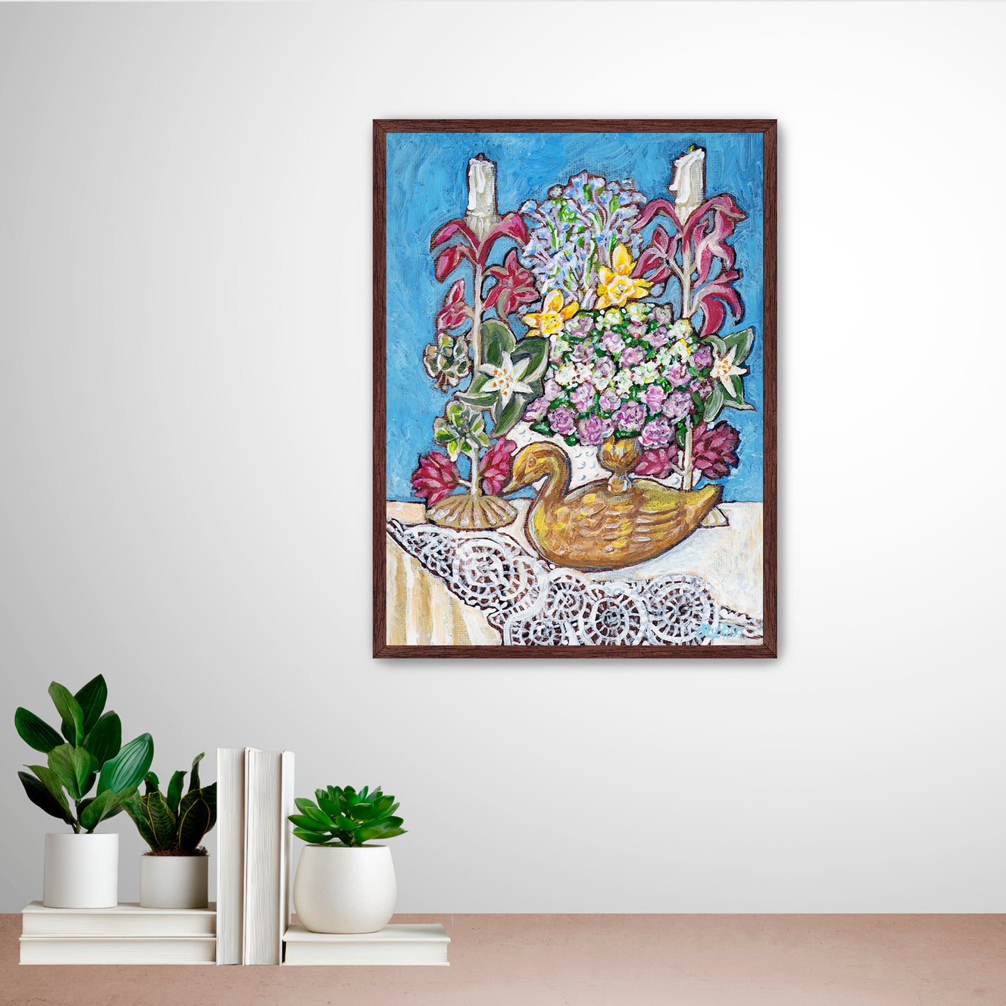 A painting from Trail East Studio of antique tole candleholders and an antique swan candleholder filled with flowers on a crocheted lace tablecloth