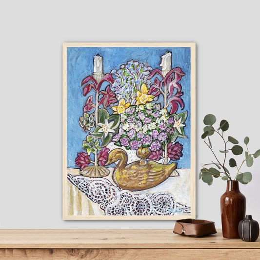 A painting from Trail East Studio of antique tole candleholders and an antique swan candleholder filled with flowers on a crocheted lace tablecloth