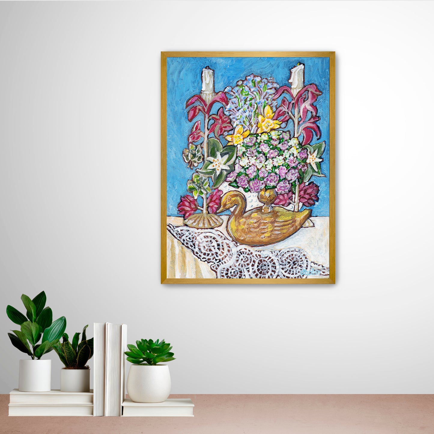 A painting from Trail East Studio of antique tole candleholders and an antique swan candleholder filled with flowers on a crocheted lace tablecloth