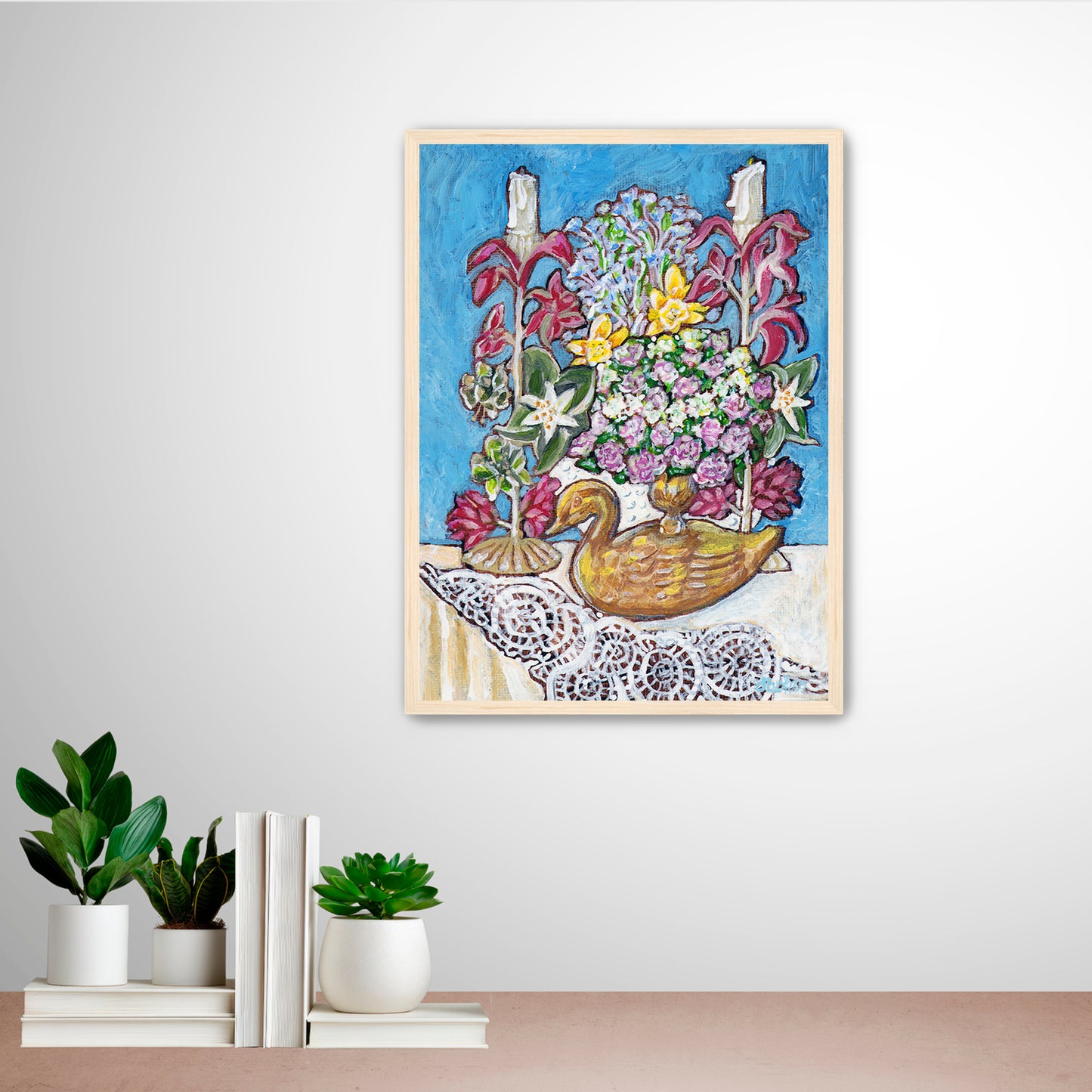 A painting from Trail East Studio of antique tole candleholders and an antique swan candleholder filled with flowers on a crocheted lace tablecloth