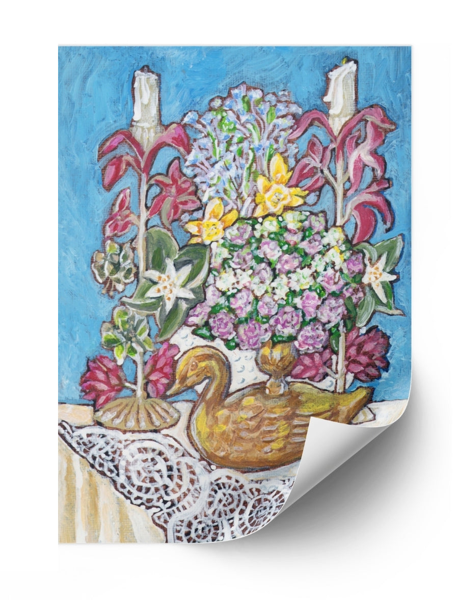 A painting from Trail East Studio of antique tole candleholders and an antique swan candleholder filled with flowers on a crocheted lace tablecloth