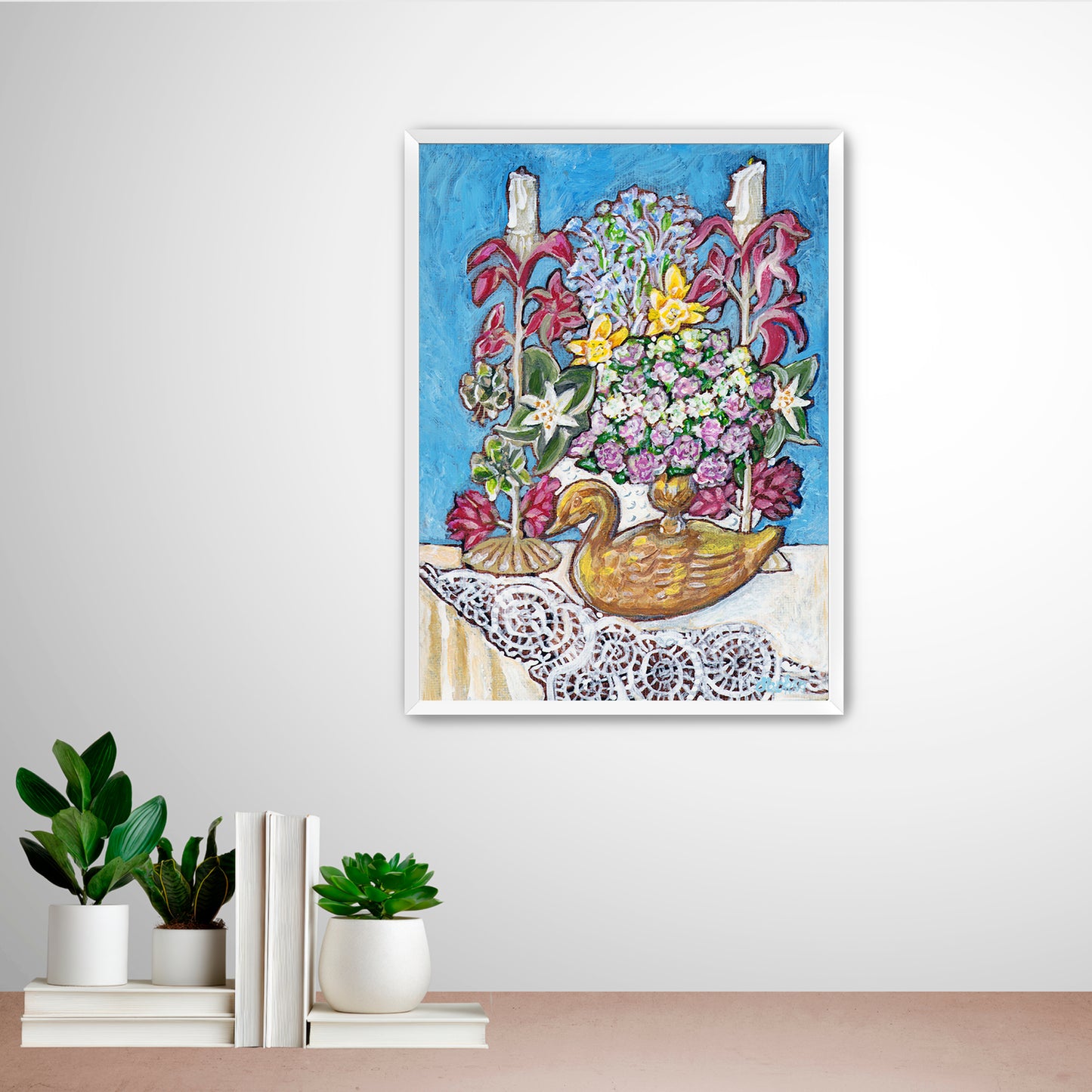 A painting from Trail East Studio of antique tole candleholders and an antique swan candleholder filled with flowers on a crocheted lace tablecloth