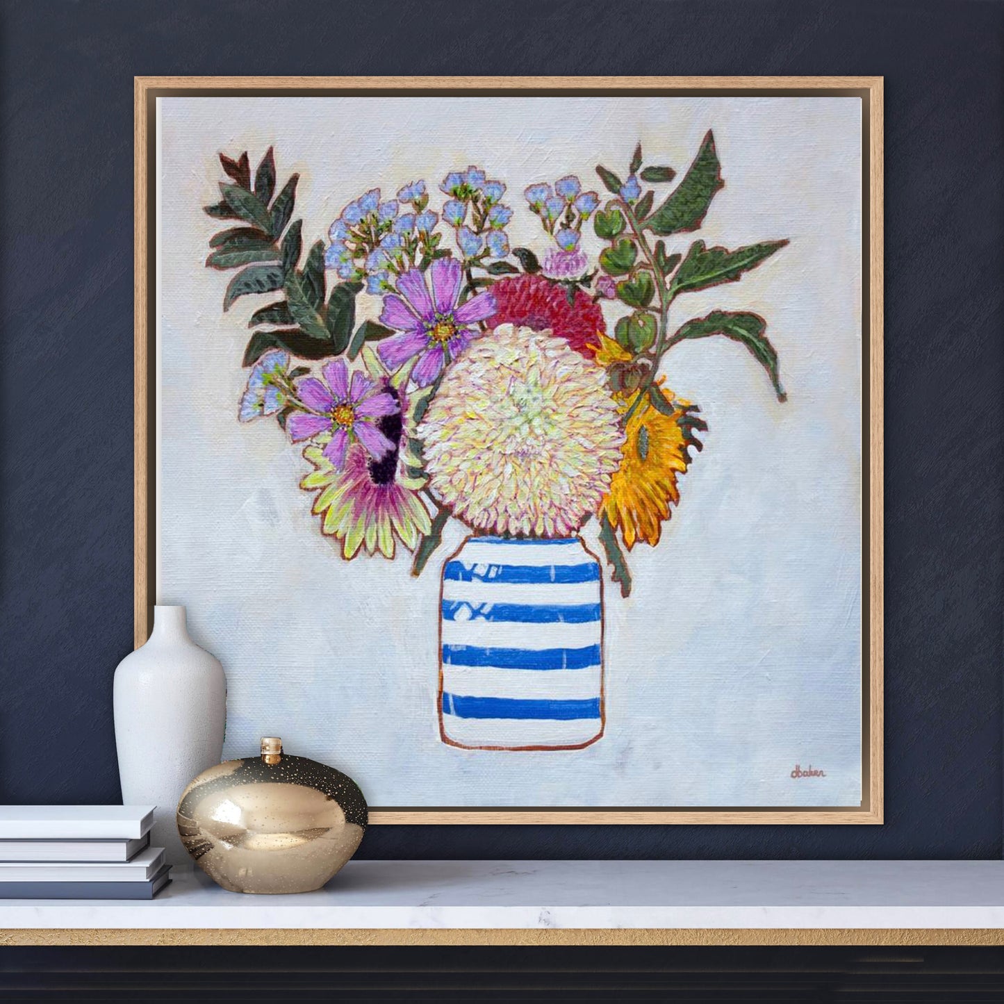 A whimsical and colorful painting of dahlias and wildflowers in a blue and white striped vase.