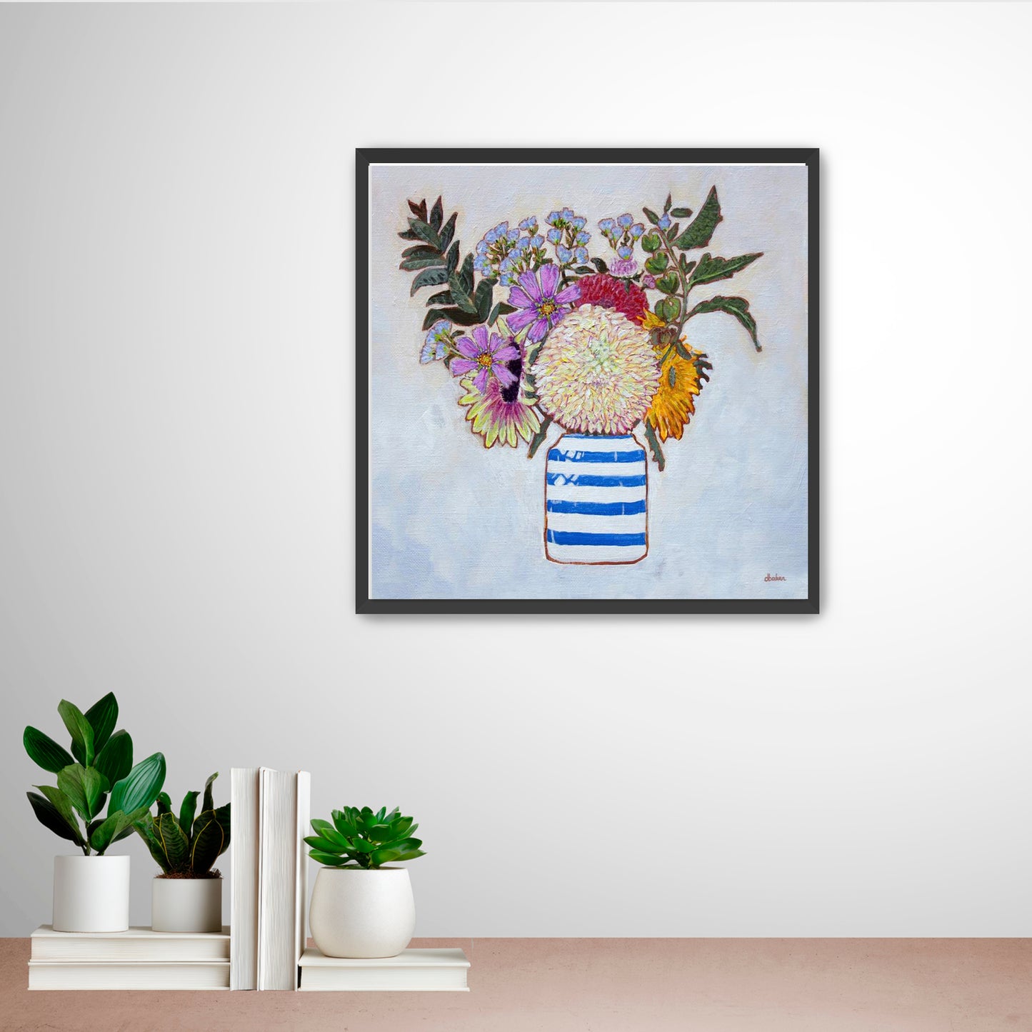 A whimsical and colorful painting of dahlias and wildflowers in a blue and white striped vase.