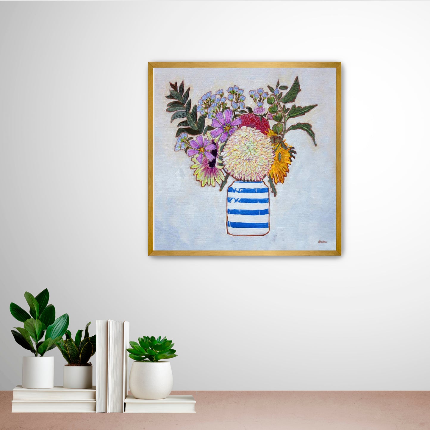 A whimsical and colorful painting of dahlias and wildflowers in a blue and white striped vase.
