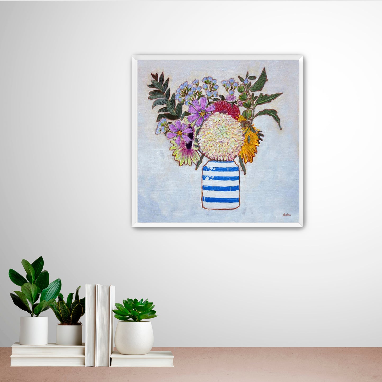 A whimsical and colorful painting of dahlias and wildflowers in a blue and white striped vase.