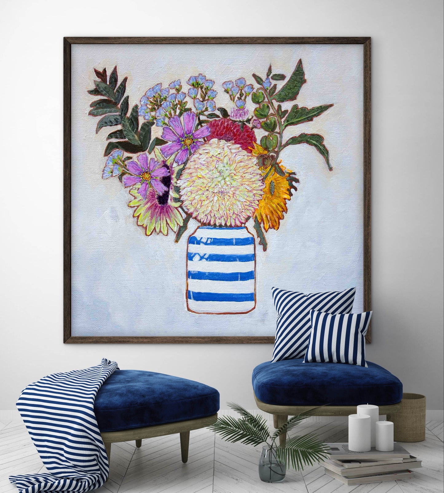 A whimsical and colorful painting of dahlias and wildflowers in a blue and white striped vase.