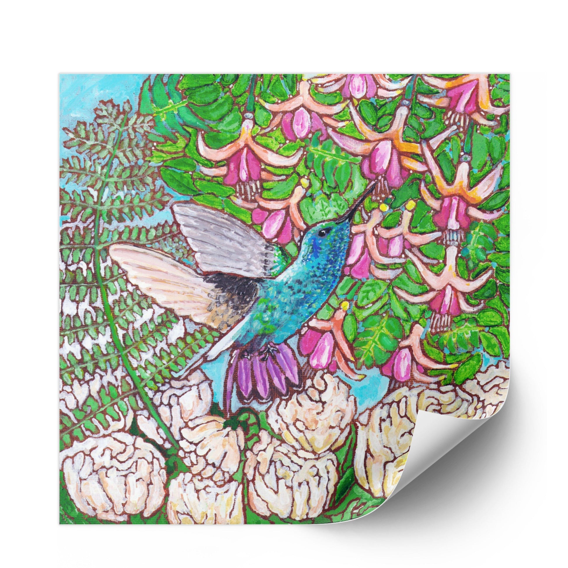 A colorful painting of a hummingbird in a fuchsia flower plant hovering over peony flowers.