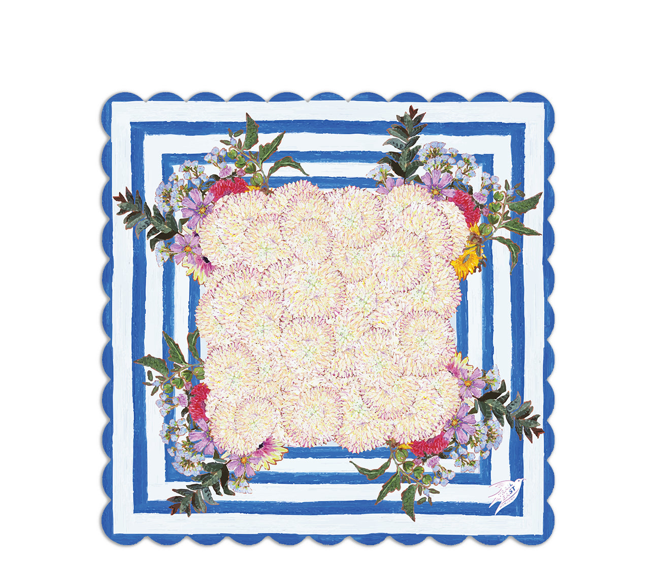 A whimsical and colorful mahjong mat based on a  painting of dahlias and wildflowers in a blue and white striped vase from Trail East Studio in Ada Michigan