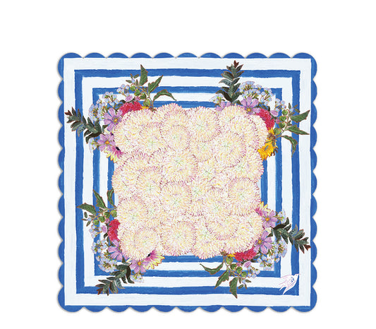A whimsical and colorful mahjong mat based on a  painting of dahlias and wildflowers in a blue and white striped vase from Trail East Studio in Ada Michigan