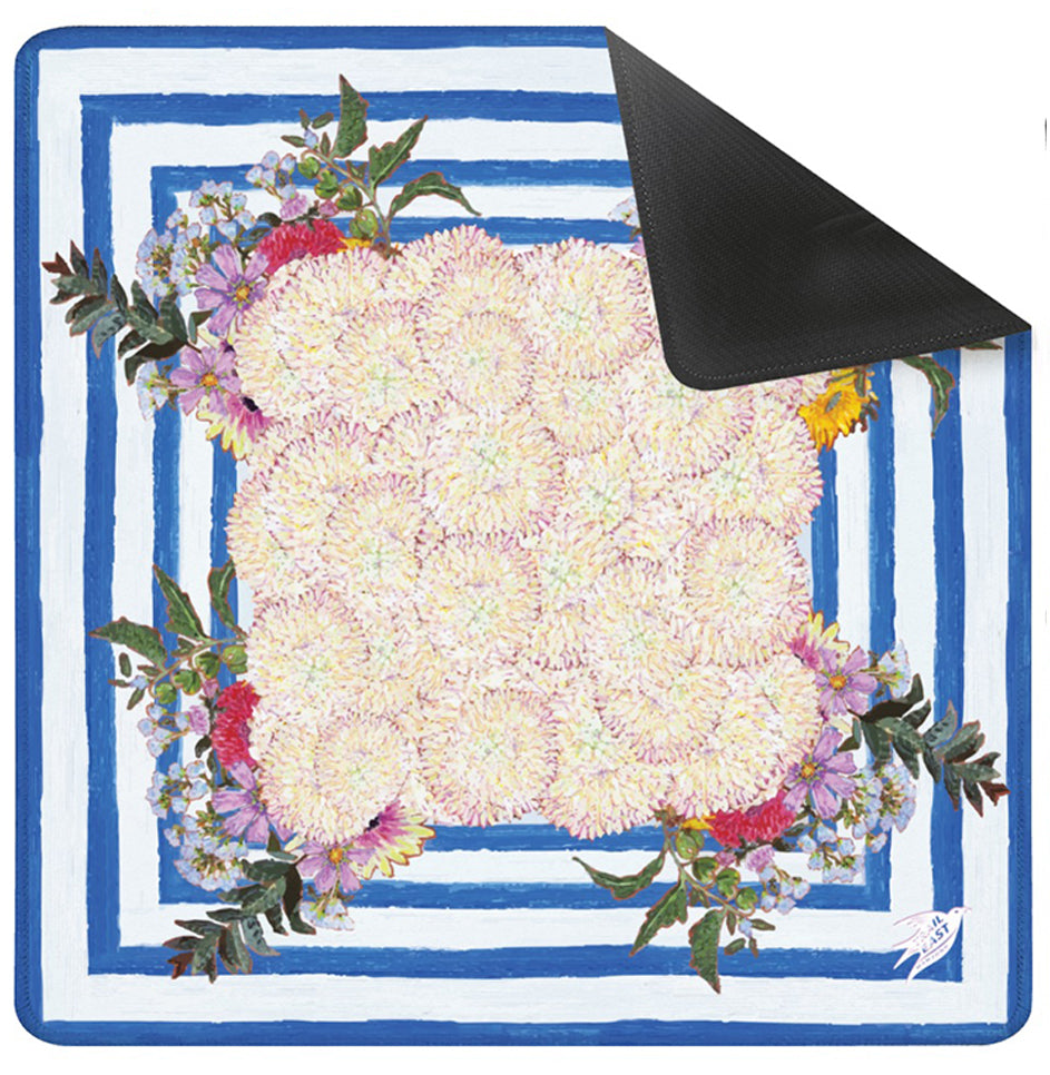 A whimsical and colorful mahjong mat based on a  painting of dahlias and wildflowers in a blue and white striped vase from Trail East Studio in Ada Michigan