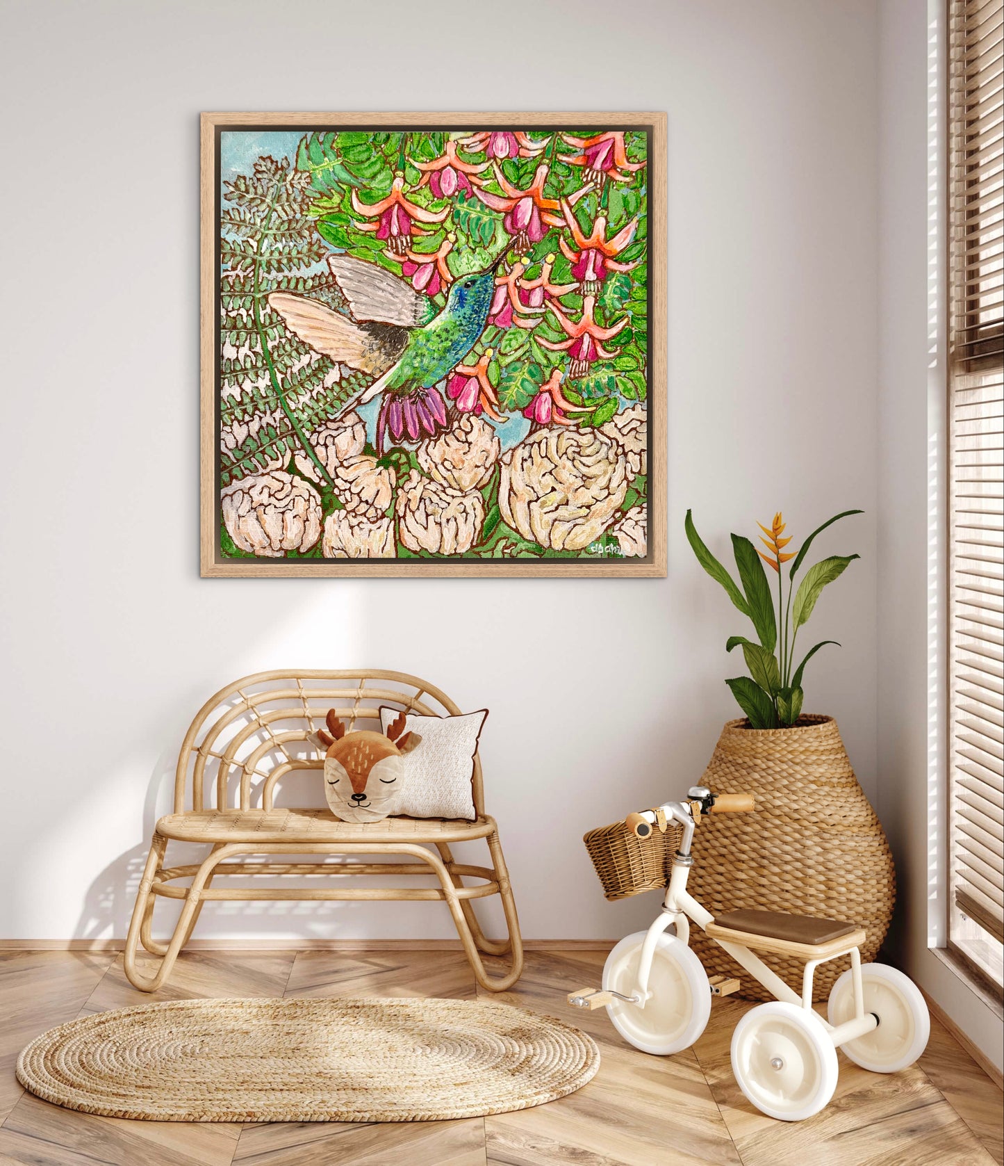 A colorful painting of a hummingbird in a fuchsia flower plant hovering over peony flowers.