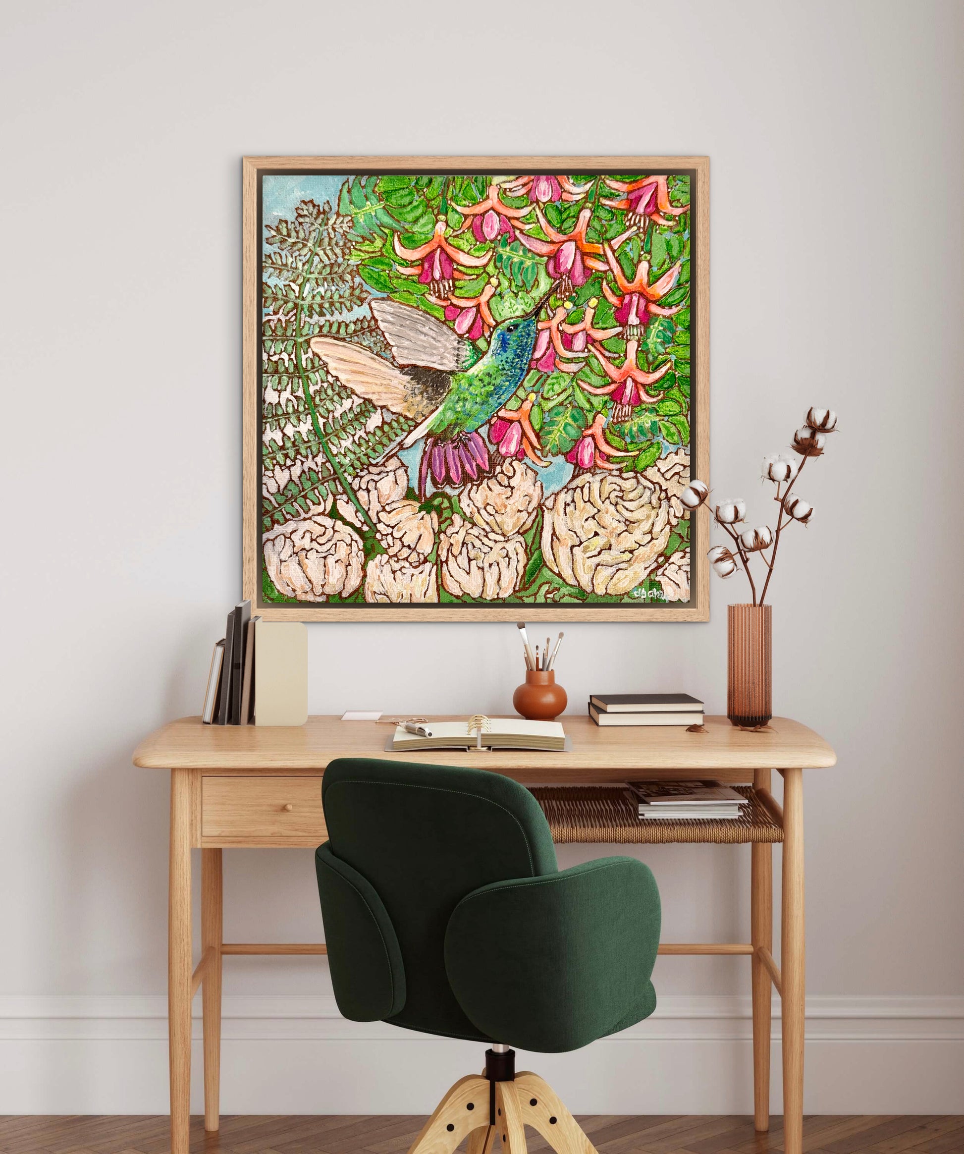 A colorful painting of a hummingbird in a fuchsia flower plant hovering over peony flowers.