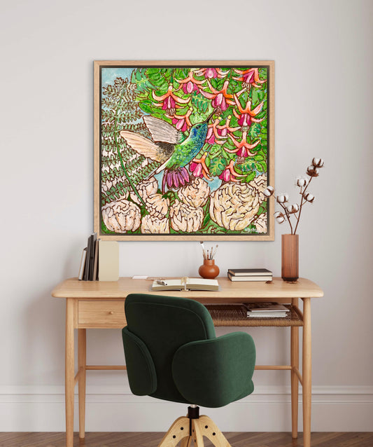 A colorful painting of a hummingbird in a fuchsia flower plant hovering over peony flowers.