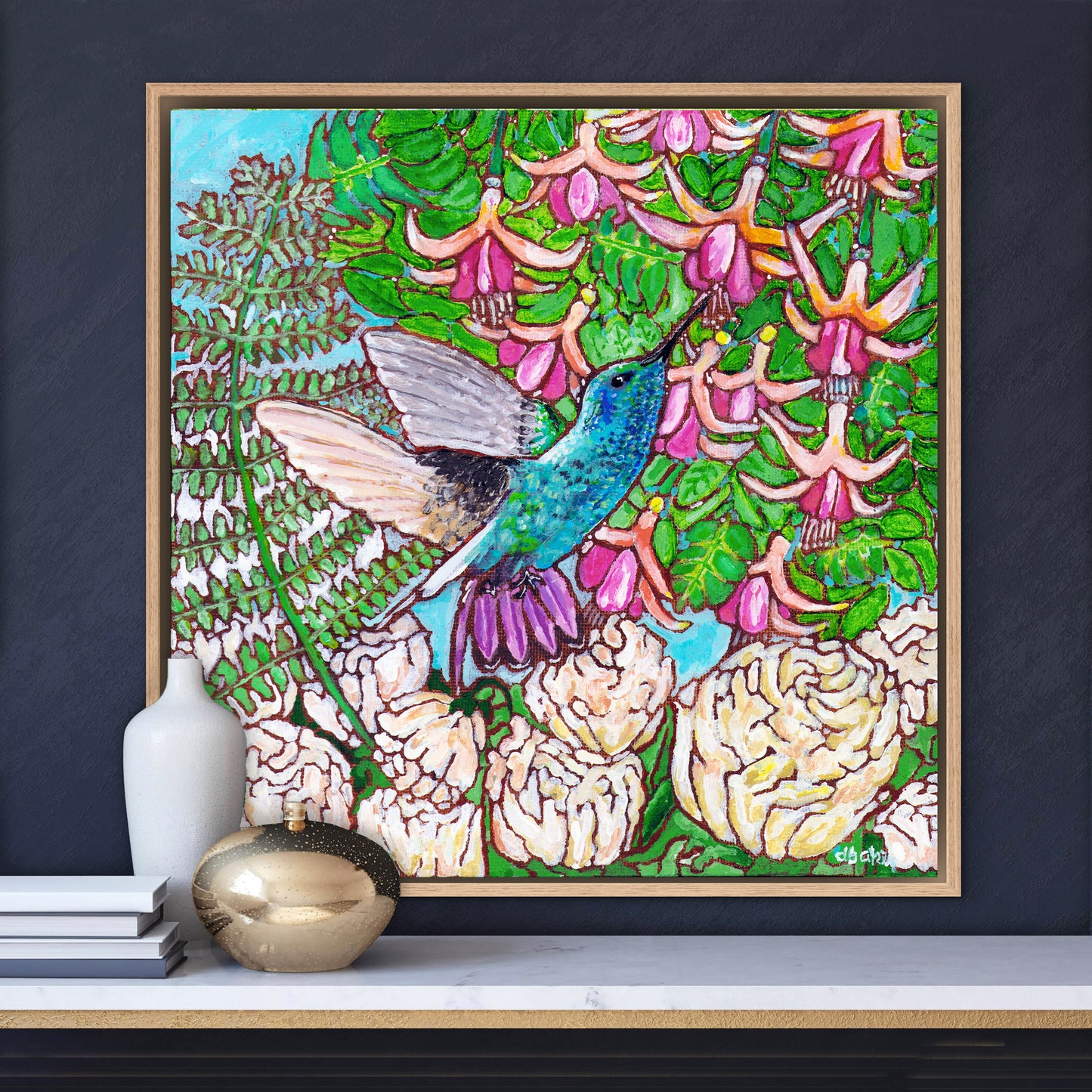 A colorful painting of a hummingbird in a fuchsia flower plant hovering over peony flowers.