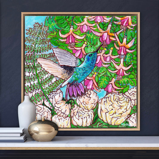 A colorful painting of a hummingbird in a fuchsia flower plant hovering over peony flowers.