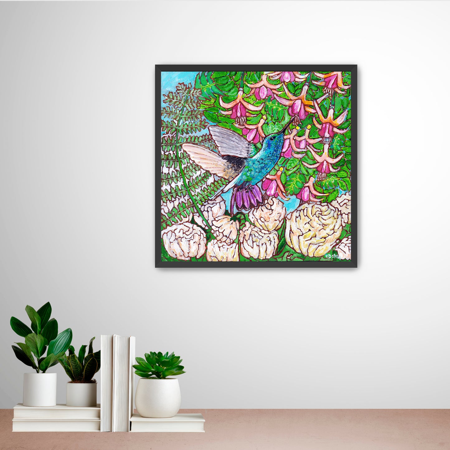 A colorful painting of a hummingbird in a fuchsia flower plant hovering over peony flowers.