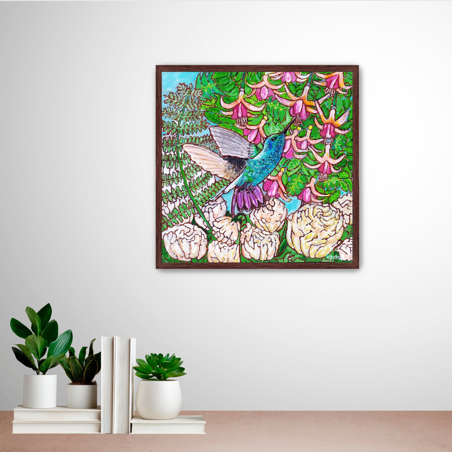 A colorful painting of a hummingbird in a fuchsia flower plant hovering over peony flowers.