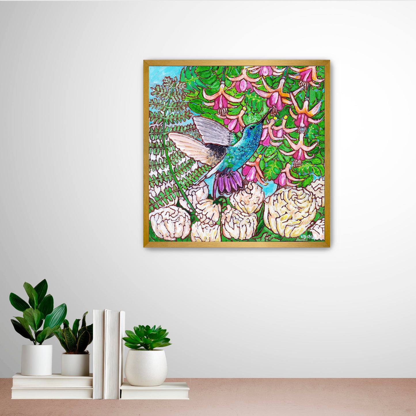 A colorful painting of a hummingbird in a fuchsia flower plant hovering over peony flowers.