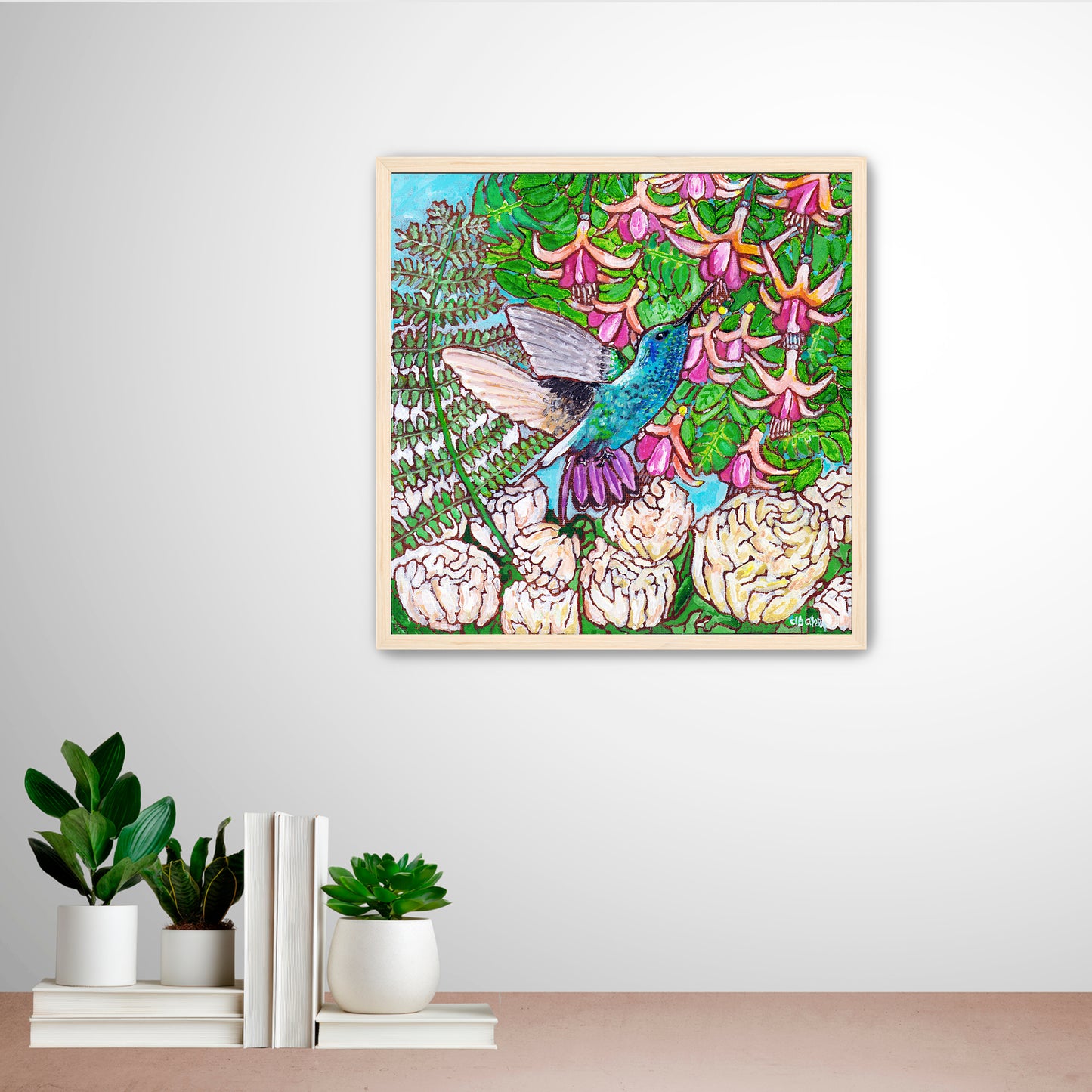 A colorful painting of a hummingbird in a fuchsia flower plant hovering over peony flowers.