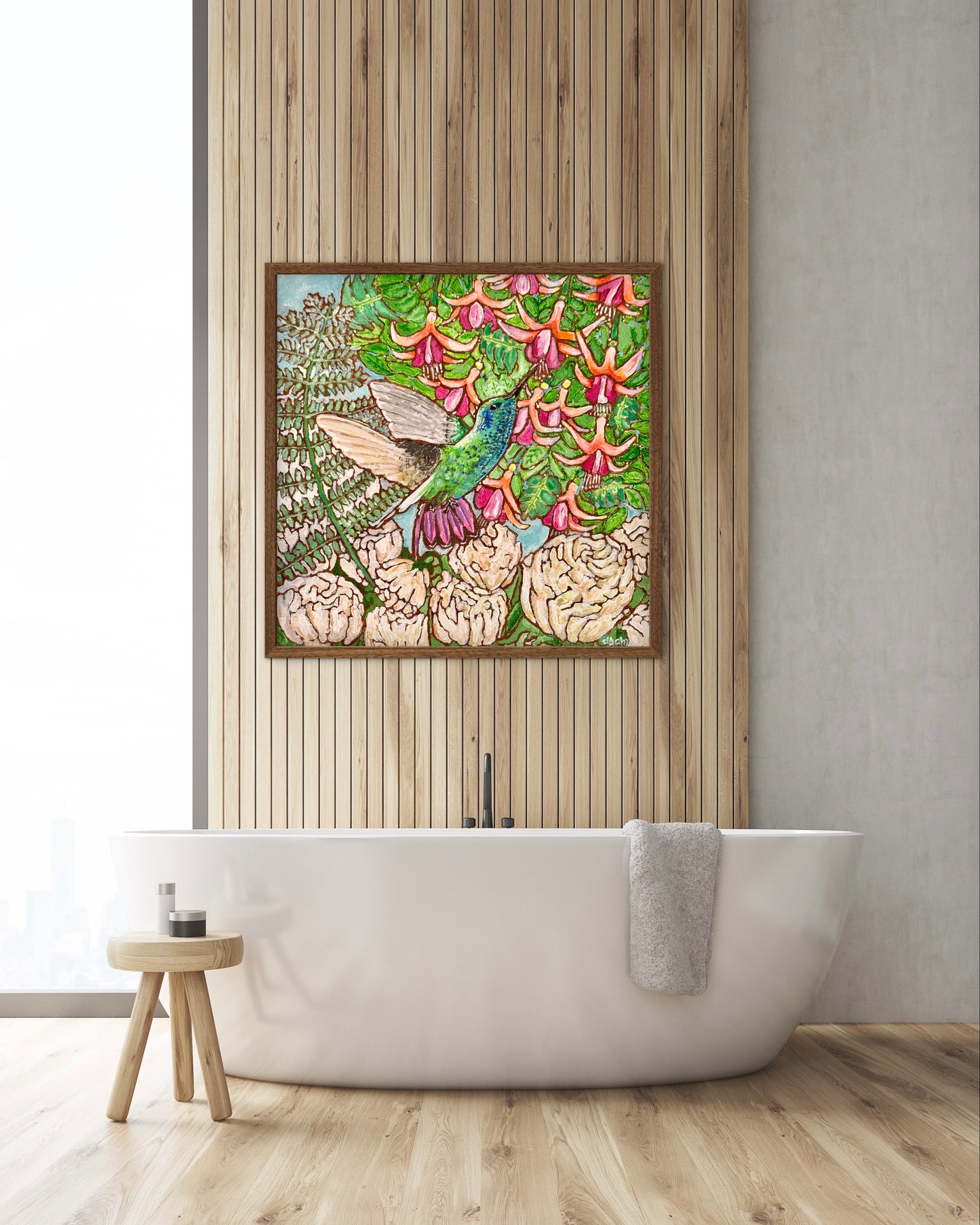 A colorful painting of a hummingbird in a fuchsia flower plant hovering over peony flowers.