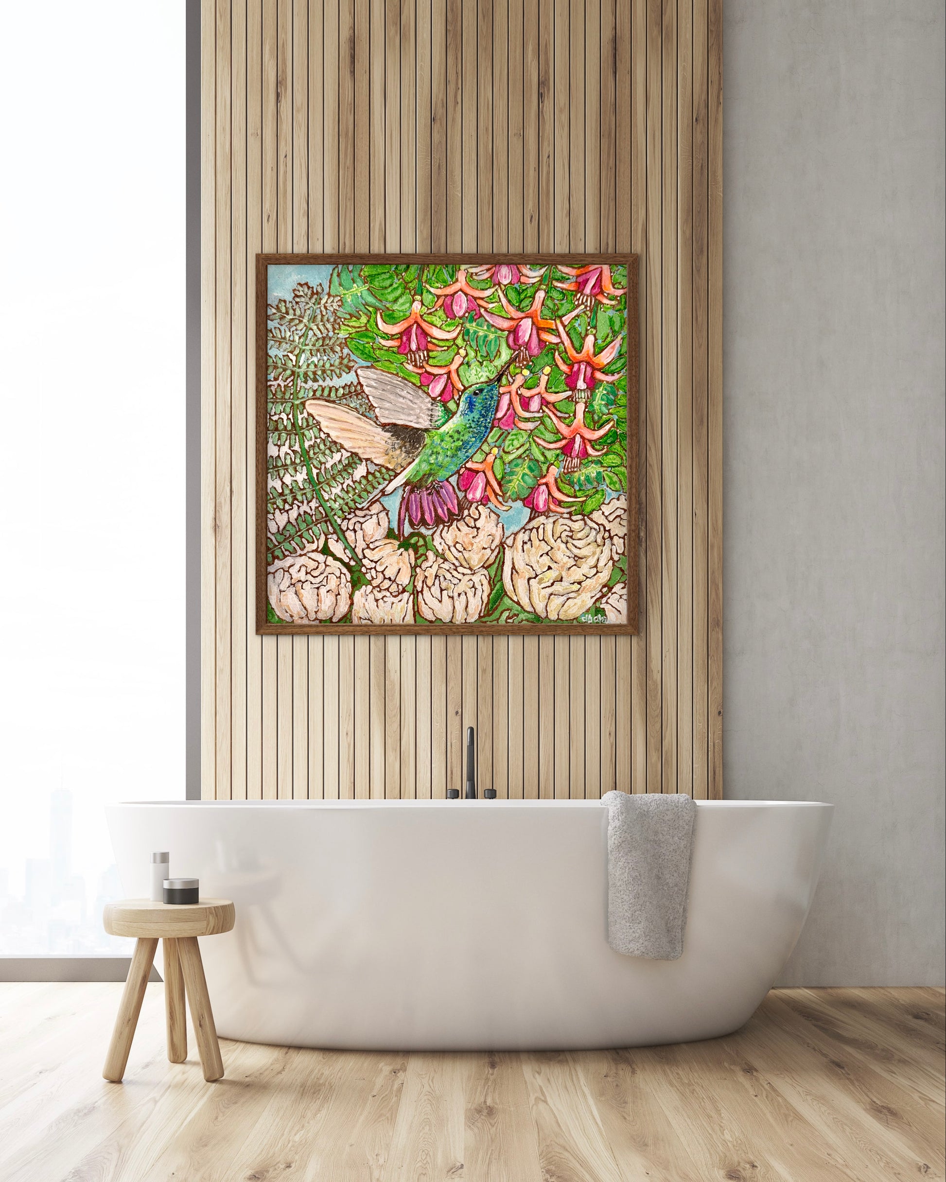 A colorful painting of a hummingbird in a fuchsia flower plant hovering over peony flowers.