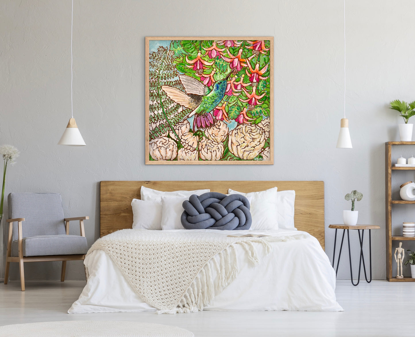 A colorful painting of a hummingbird in a fuchsia flower plant hovering over peony flowers.