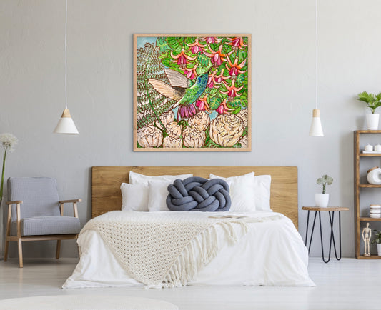 A colorful painting of a hummingbird in a fuchsia flower plant hovering over peony flowers.