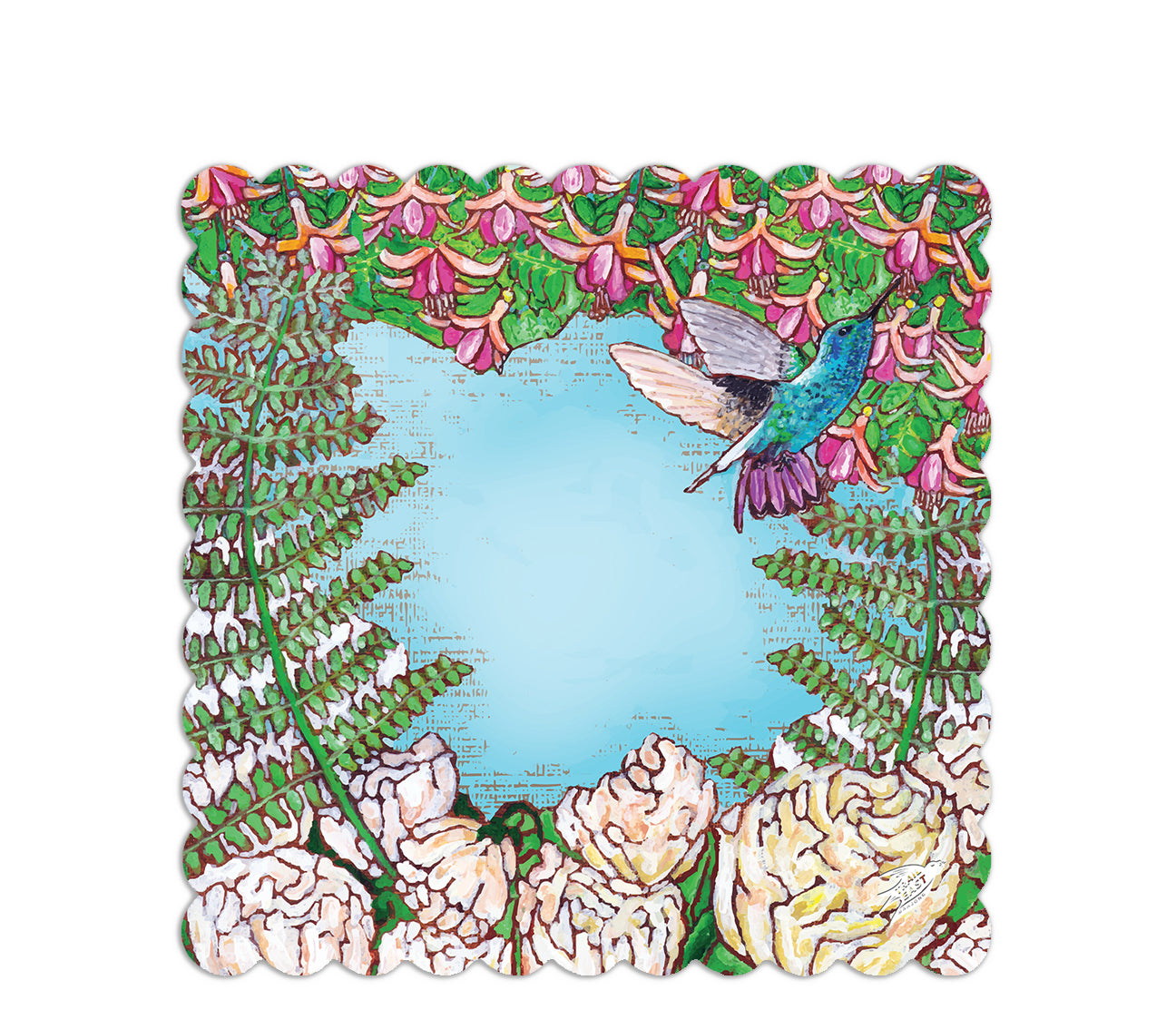 A Mahjong Mat with a colorful painting of a hummingbird in a fuchsia flower plant hovering over peony flowers painted by Deb Baker at Trail East Studio in Ada Michigan