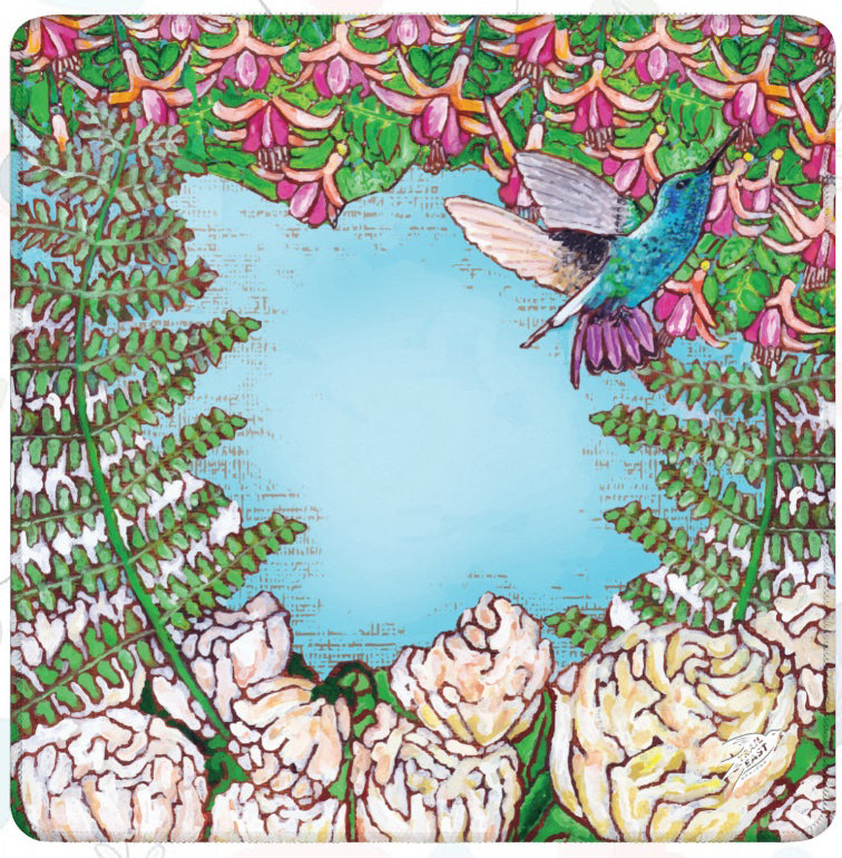 A Mahjong Mat with a colorful painting of a hummingbird in a fuchsia flower plant hovering over peony flowers painted by Deb Baker at Trail East Studio in Ada Michigan