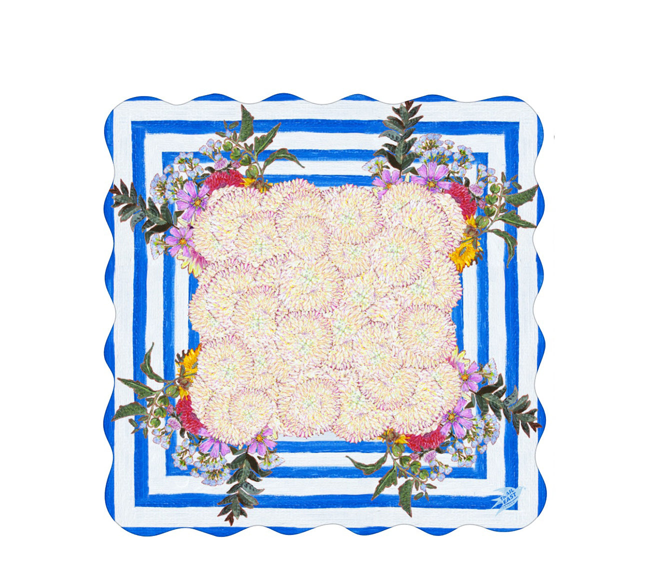 A whimsical and colorful mahjong mat based on a  painting of dahlias and wildflowers in a blue and white striped vase.
