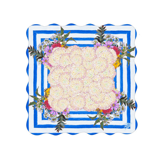 A whimsical and colorful mahjong mat based on a  painting of dahlias and wildflowers in a blue and white striped vase.