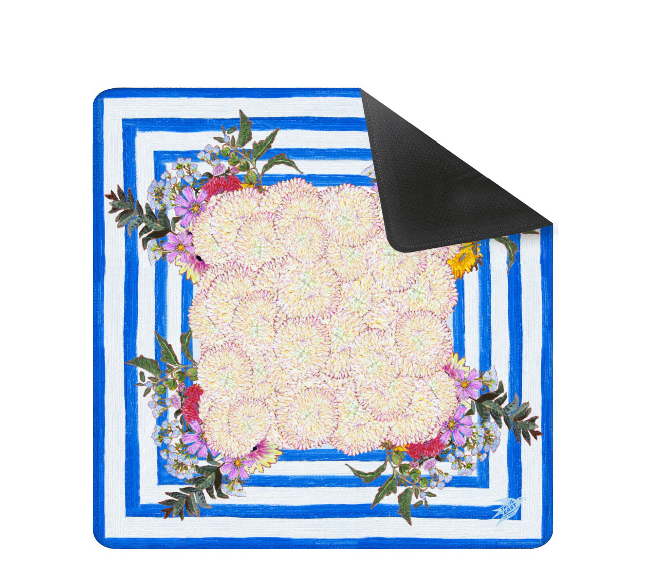 A whimsical and colorful mahjong mat based on a  painting of dahlias and wildflowers in a blue and white striped vase.
