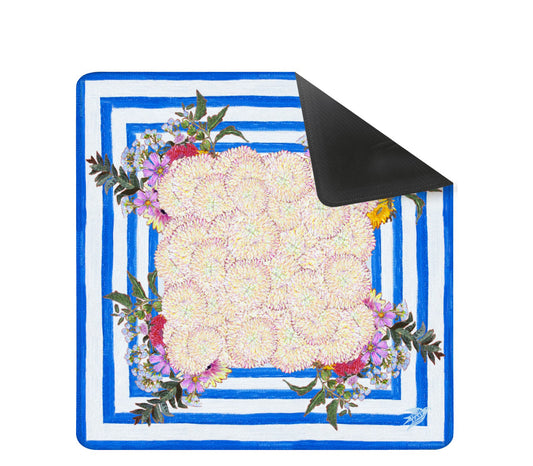 A whimsical and colorful mahjong mat based on a  painting of dahlias and wildflowers in a blue and white striped vase.
