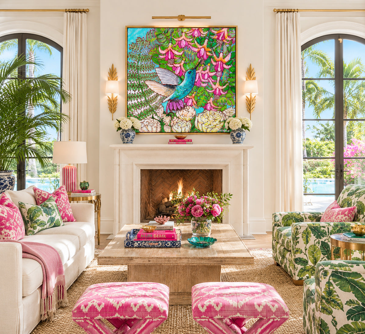 A colorful painting of a hummingbird in a fuchsia flower plant hovering over peony flowers by Deb Baker of Trail East Studio in Ada Michigan
