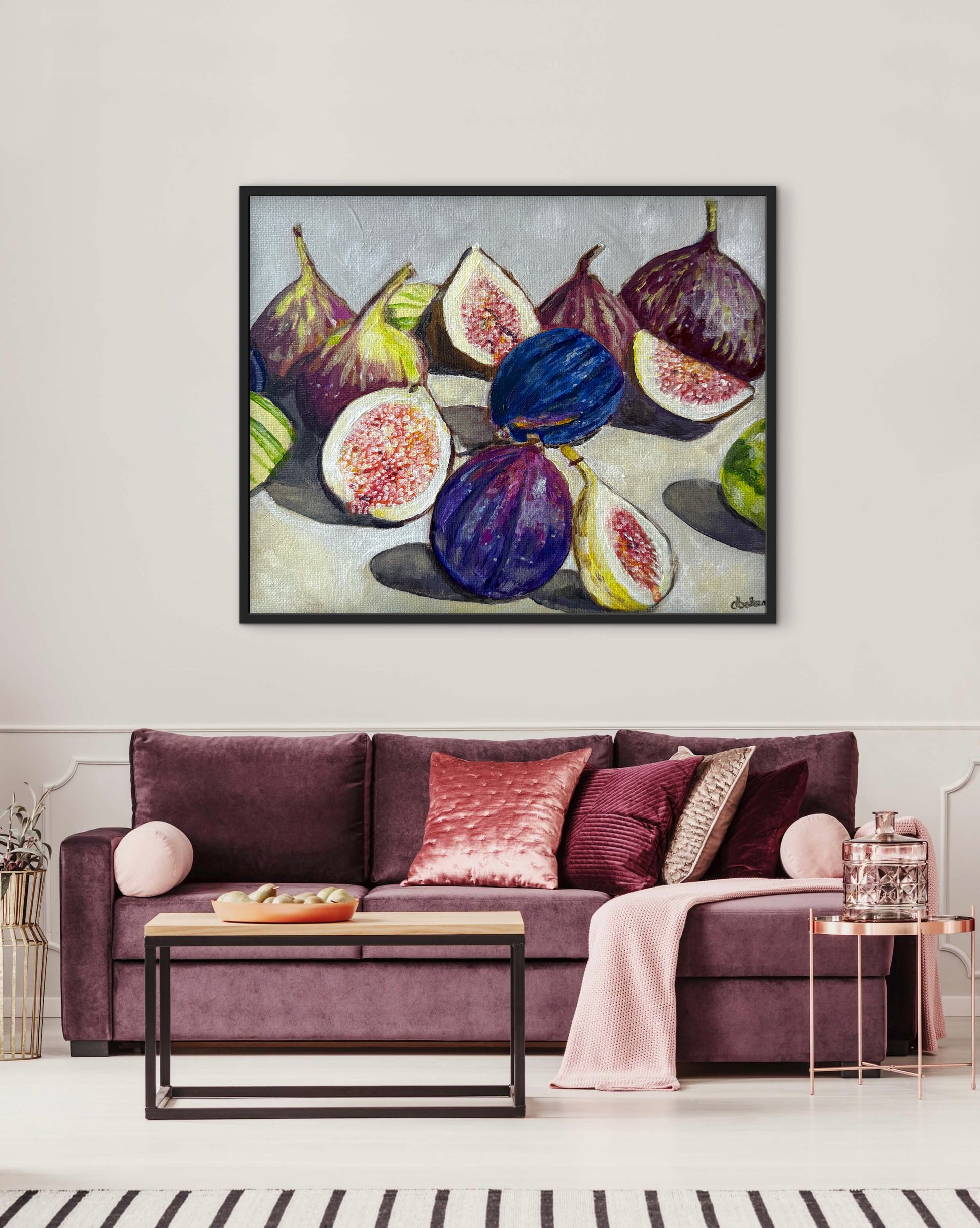 A still life painting of figs with rich fall hues such as plums, greens, and bright pinks.