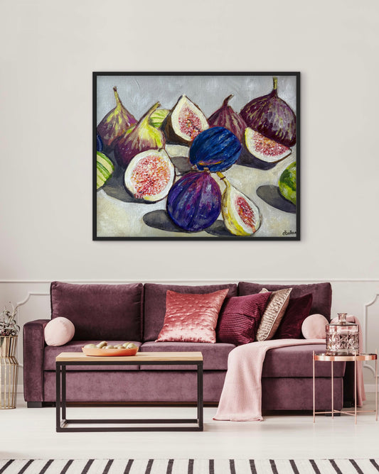 A still life painting of figs with rich fall hues such as plums, greens, and bright pinks.