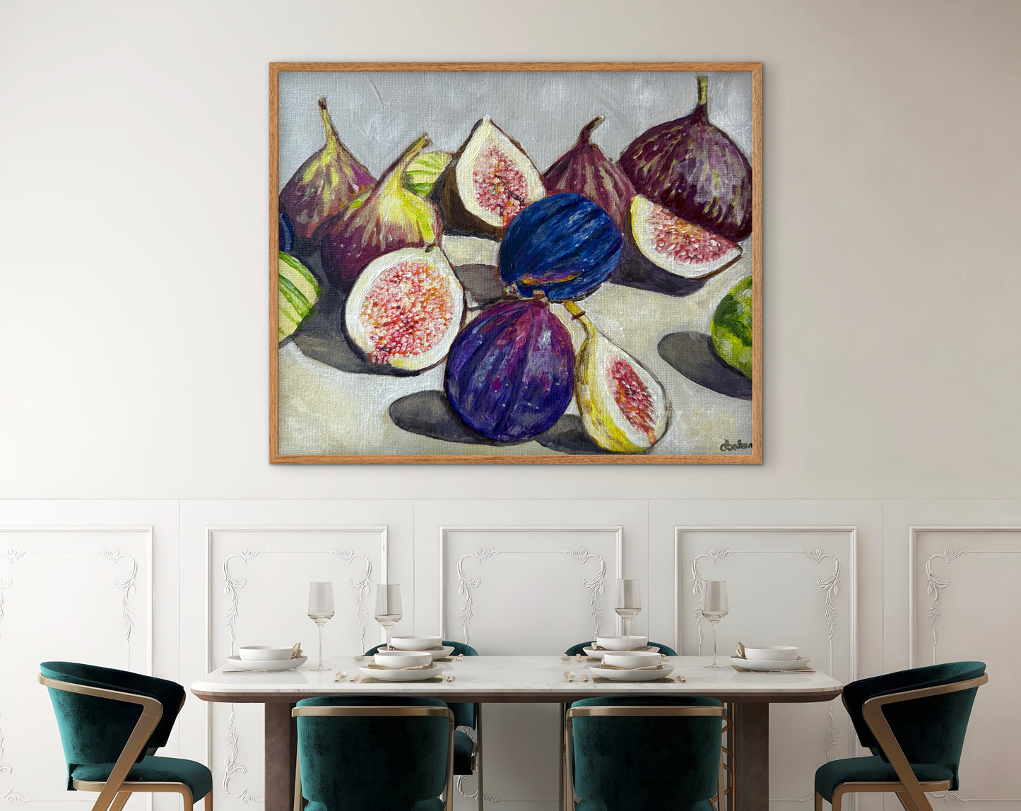 A still life painting of figs with rich fall hues such as plums, greens, and bright pinks.