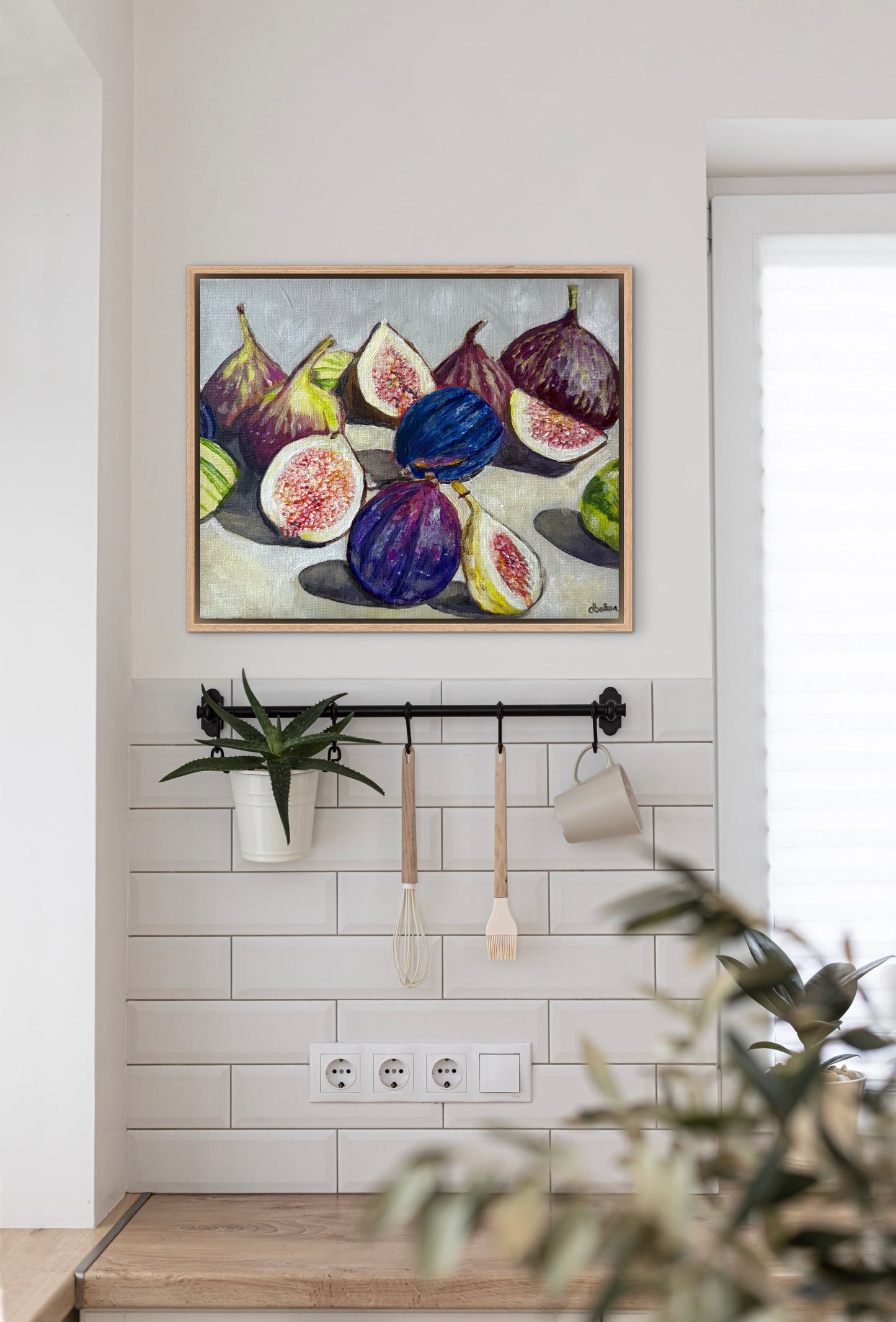 A still life painting of figs with rich fall hues such as plums, greens, and bright pinks.