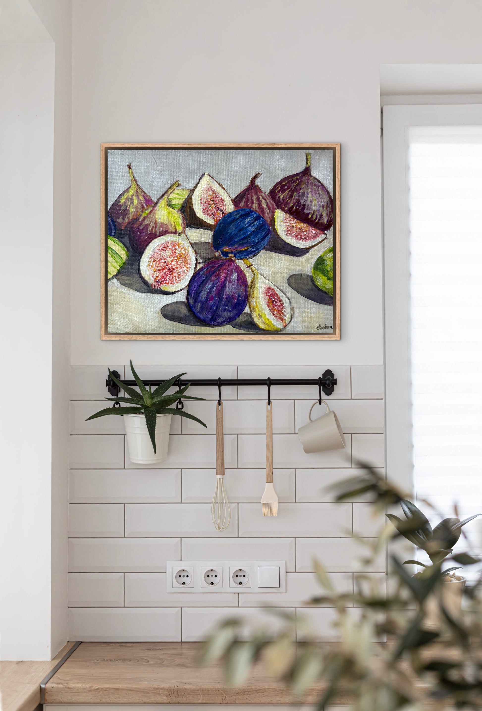 A still life painting of figs with rich fall hues such as plums, greens, and bright pinks.