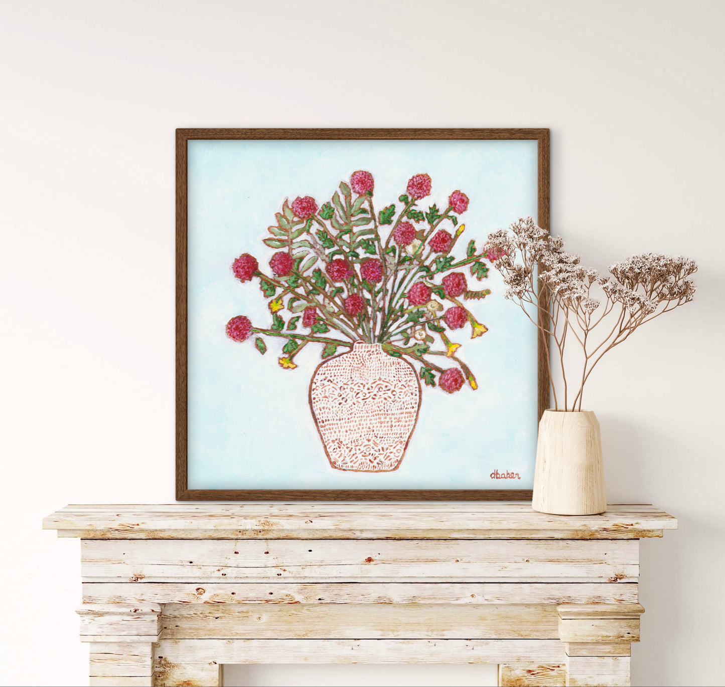 A painting of red dahlias in a textured white vase