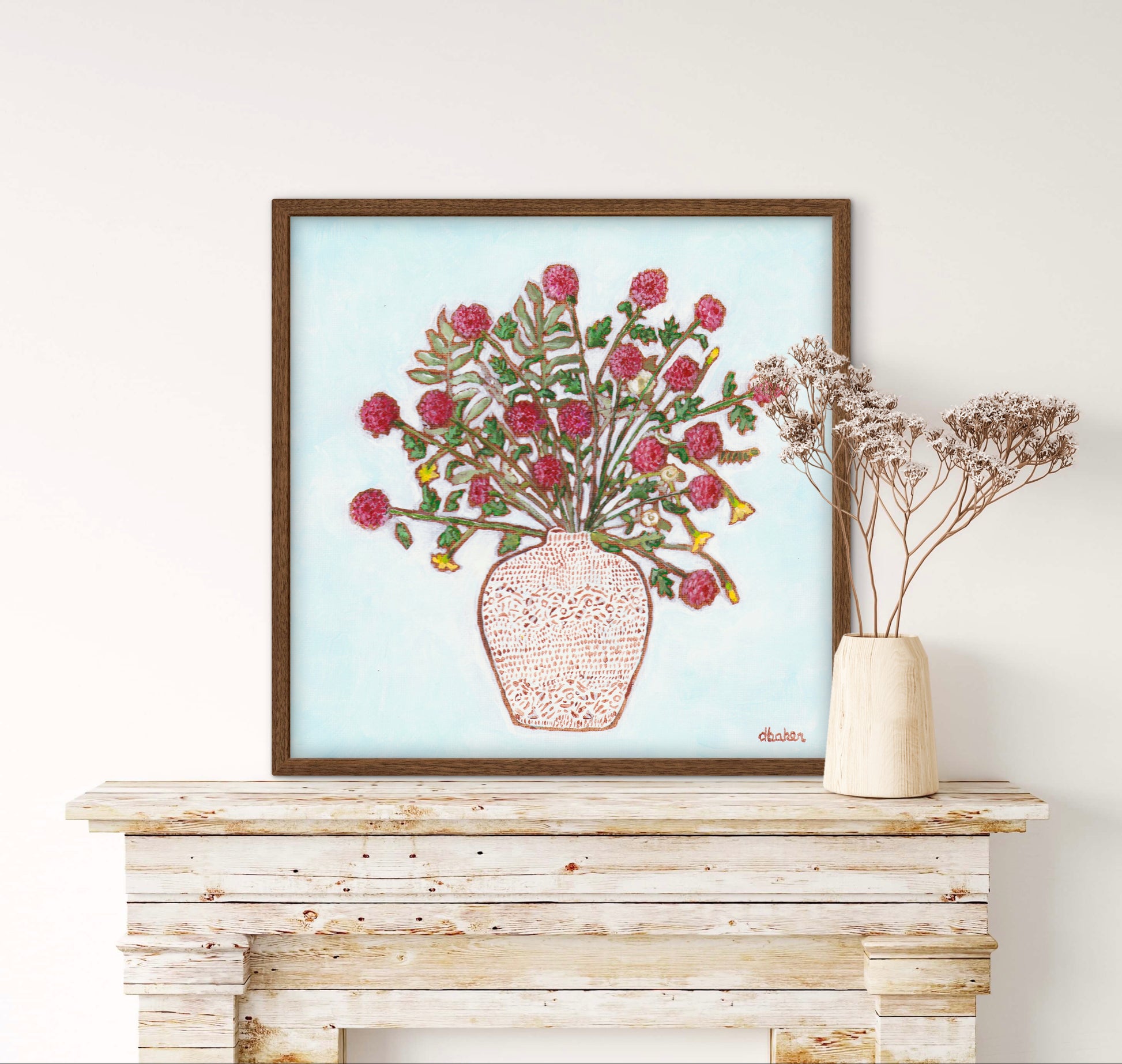 A painting of red dahlias in a textured white vase